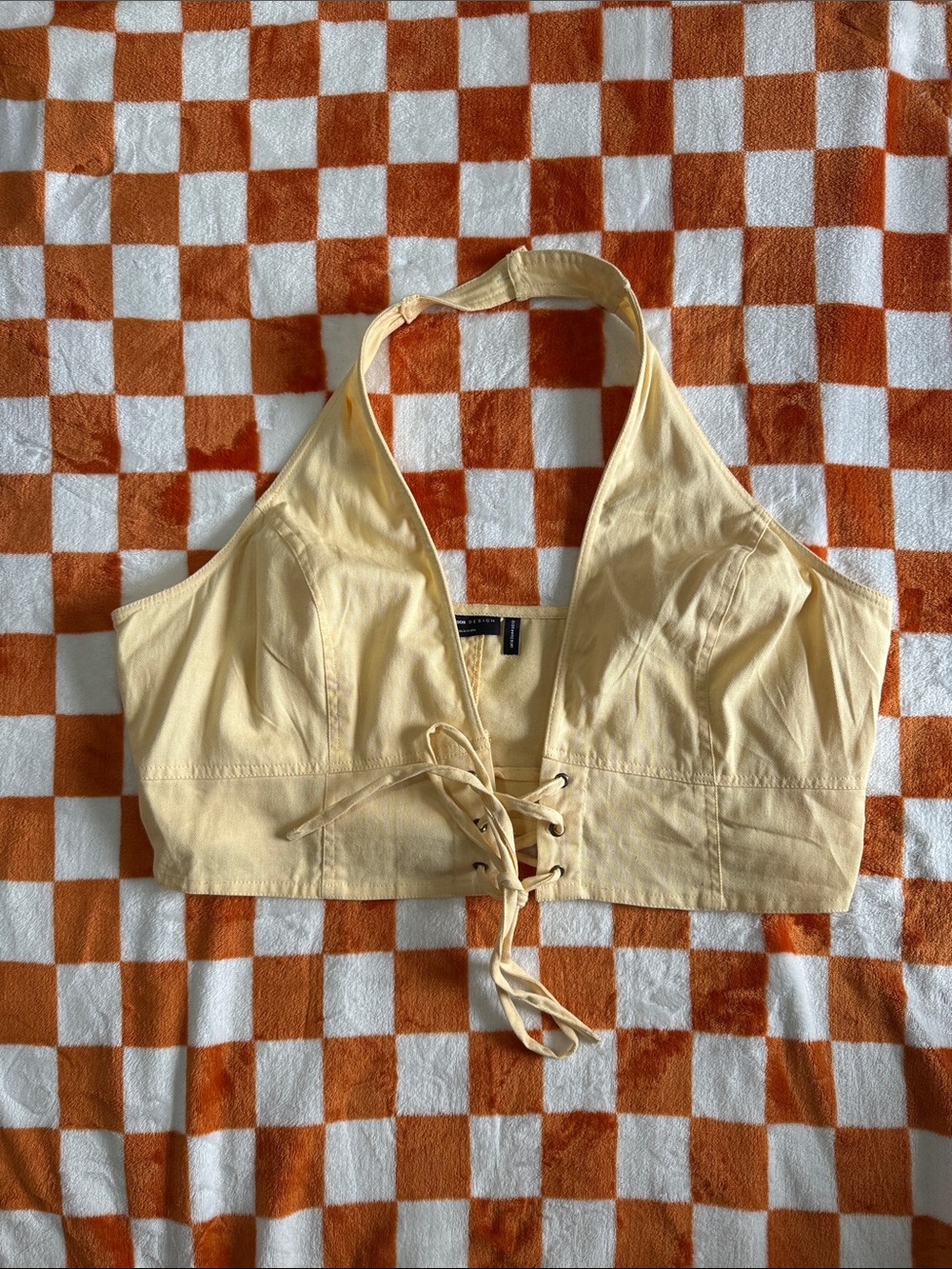 Butter Yellow Lace-Up Halter Crop Top